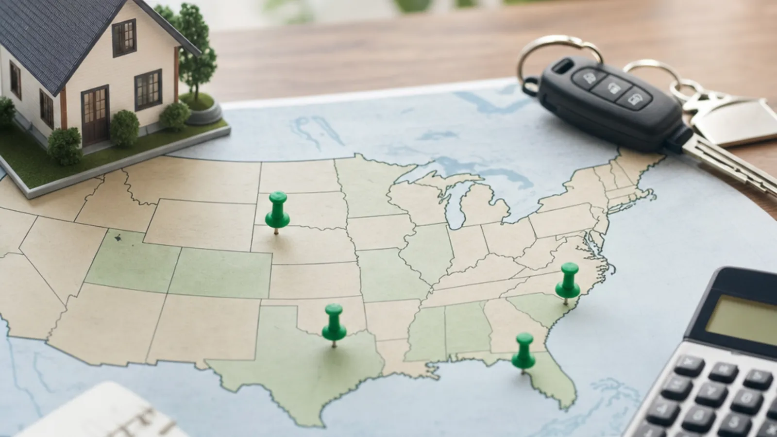 A US map with location pushpins, a model house, and car keys, representing moving to a no-income-tax state